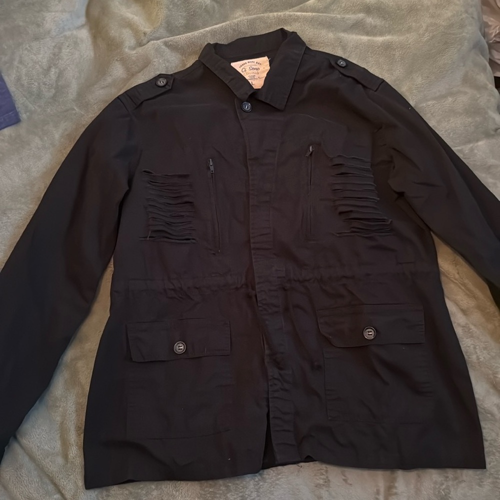 Ci Sono Goth Black Cotton Long Sleeve Button Down Shirt Jacket Shacket with Rips
